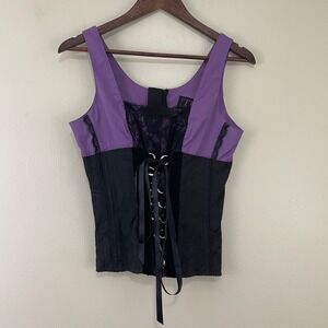 Tripp NYC Corset Medium Black Purple Lace Zip Bustier Tank Top VTG Y2K Punk Goth